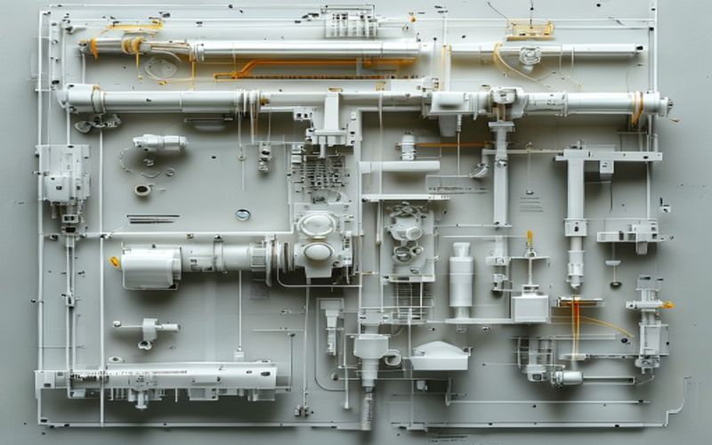 Injection mold cross-section showing cavity, core, and cooling channels detail