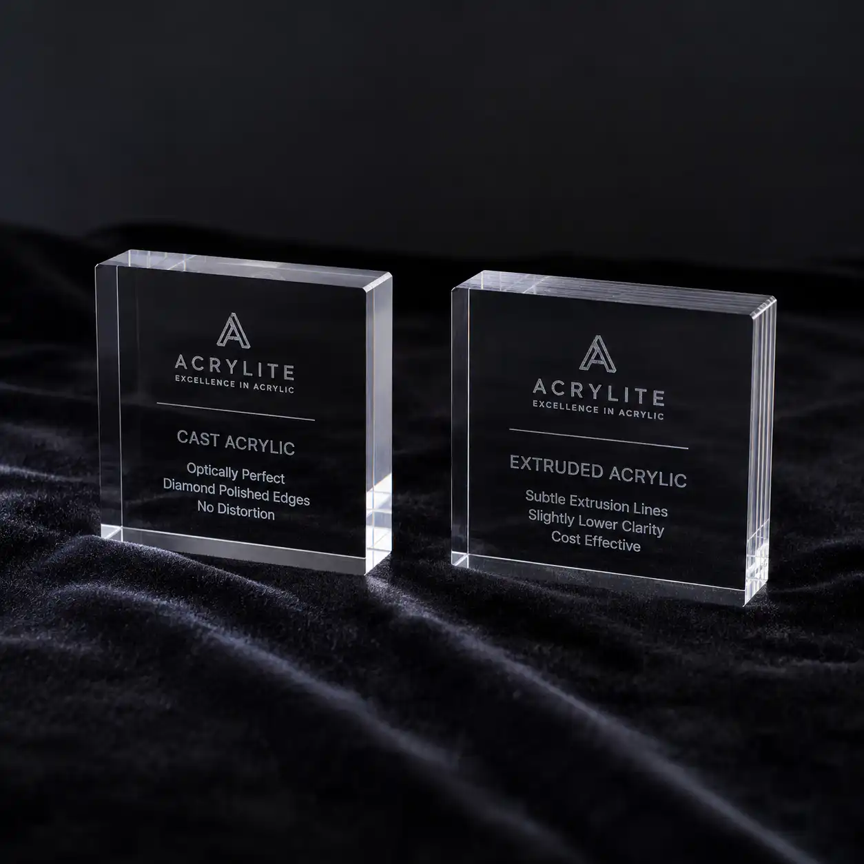 Cast acrylic vs extruded acrylic blocks comparison showing edge clarity and optical quality differences