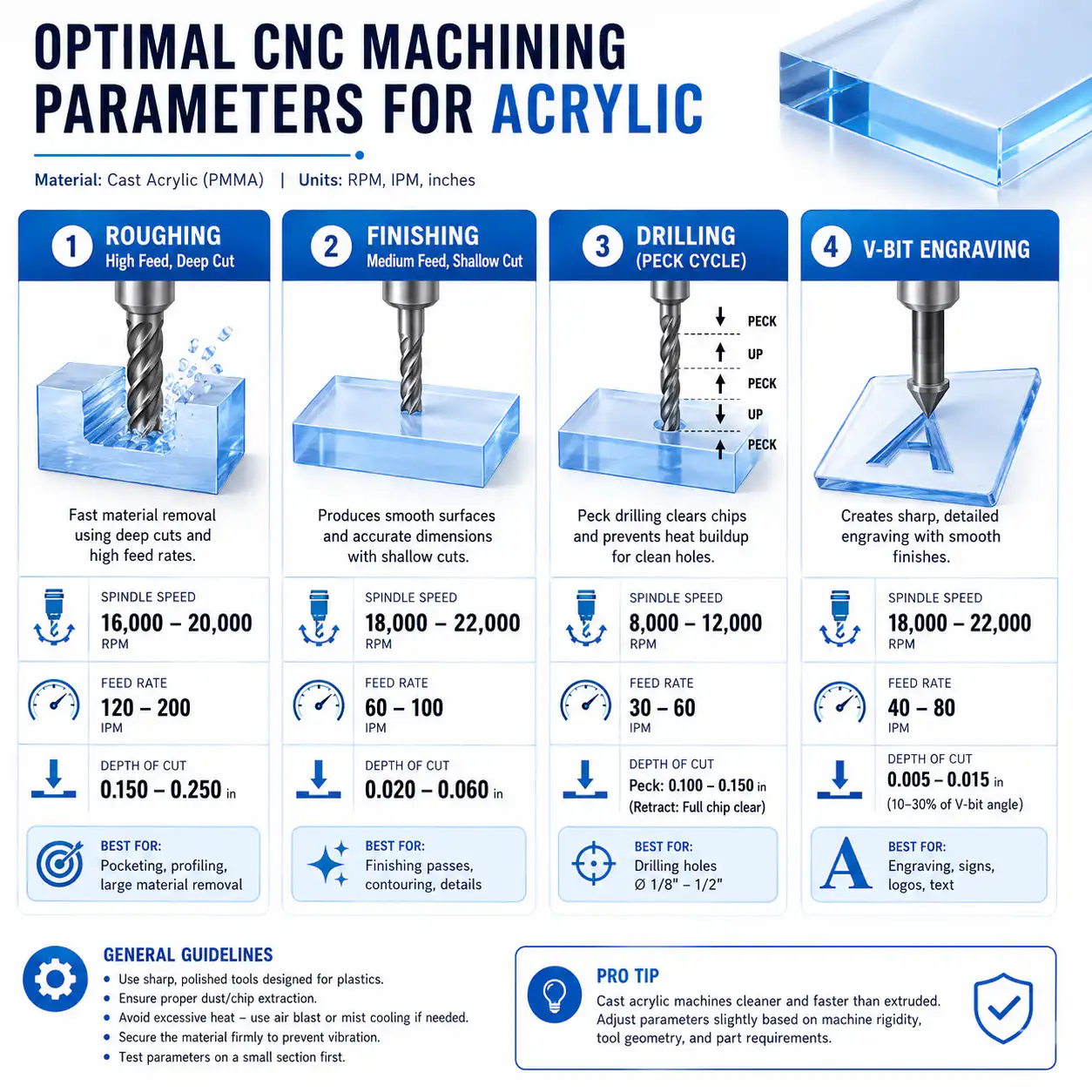 CNC cutting parameters reference chart for acrylic showing speeds and feeds for each operation type