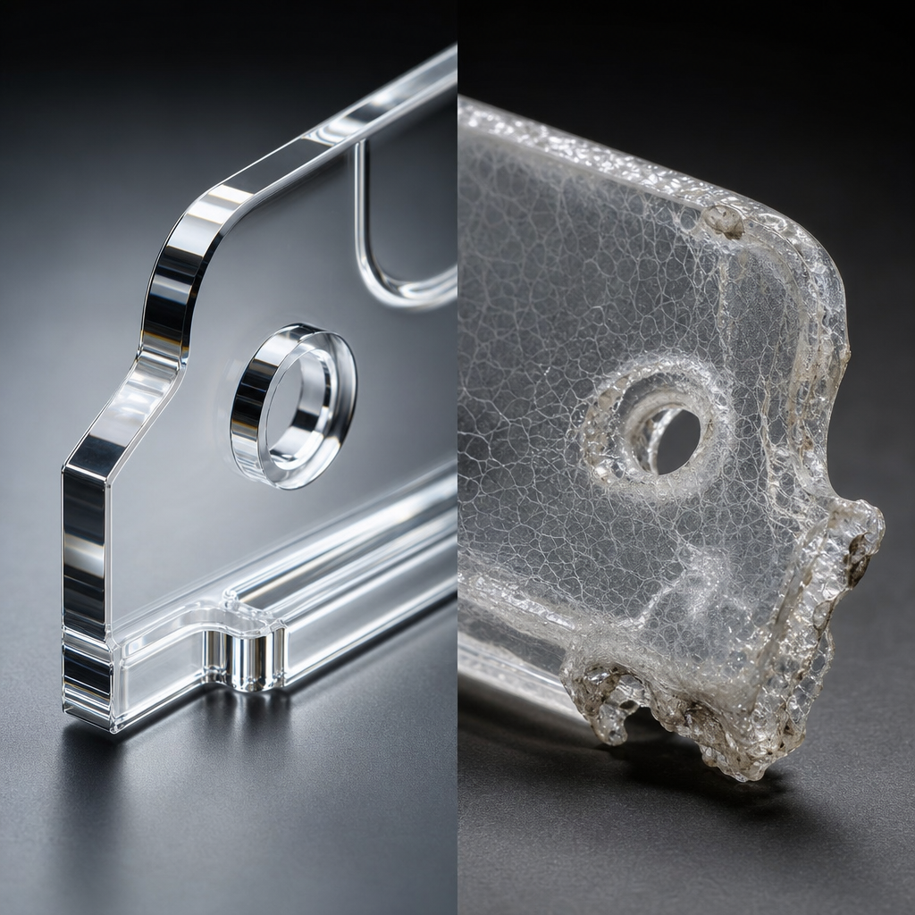 Comparison photograph: left side beautifully machined acrylic edge crystal clear