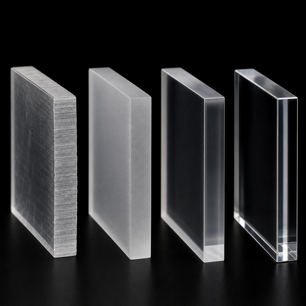 Progression photograph acrylic edge finishing steps: rough machined, 600 grit sa