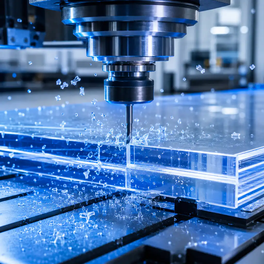 CNC router machining a transparent acrylic sheet with diamond-polished cutting tool creating crystal-clear edges