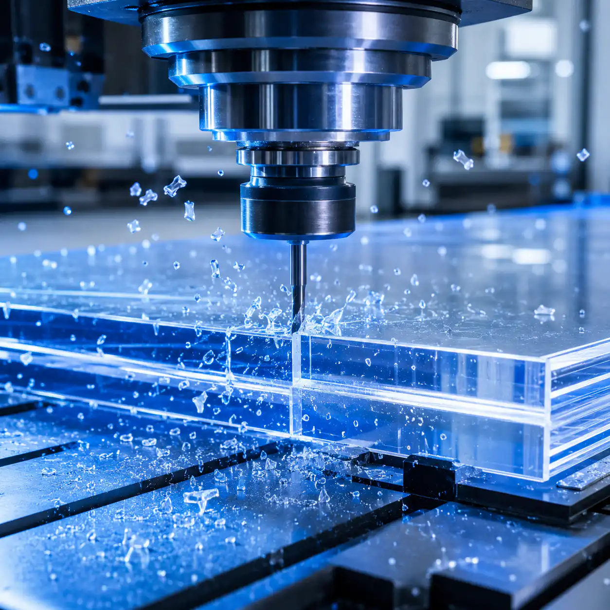 CNC router machining a transparent acrylic sheet with diamond-polished cutting tool creating crystal-clear edges