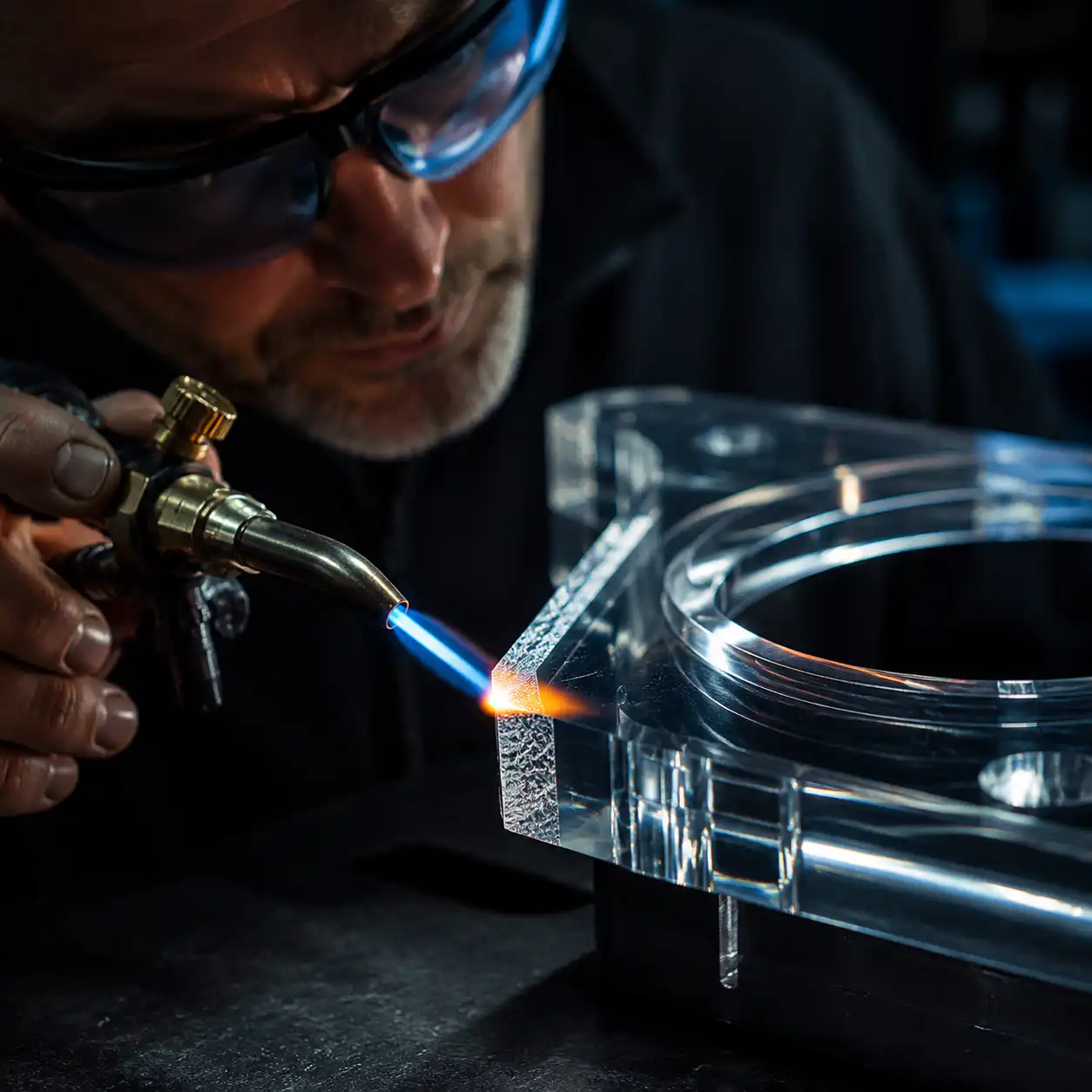 Craftsman flame polishing a CNC machined acrylic edge to crystal clarity with hydrogen-oxygen torch
