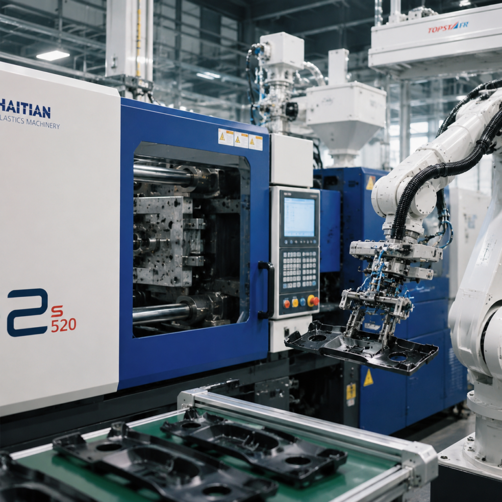 Automotive plastic injection molding production line for molded component production
