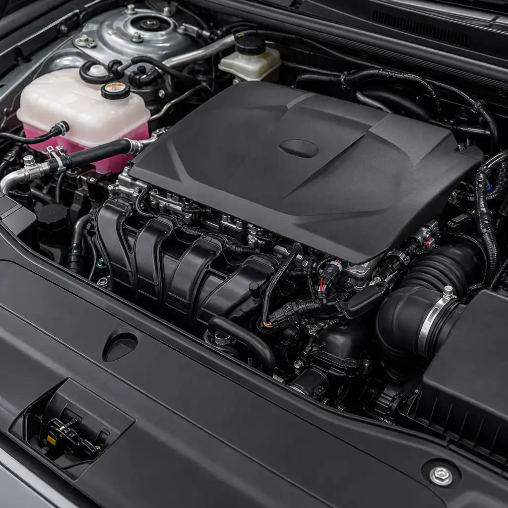 Automotive engine bay showing various plastic components: black nylon intake manifold, plastic engin