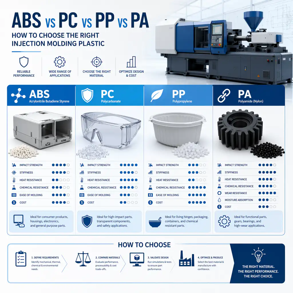 ABS vs PC vs PP vs PA - Cómo elegir el plástico de moldeo por inyección adecuado ABS vs PC vs PP vs PA — How to Choose the Right Injection Molding Plas