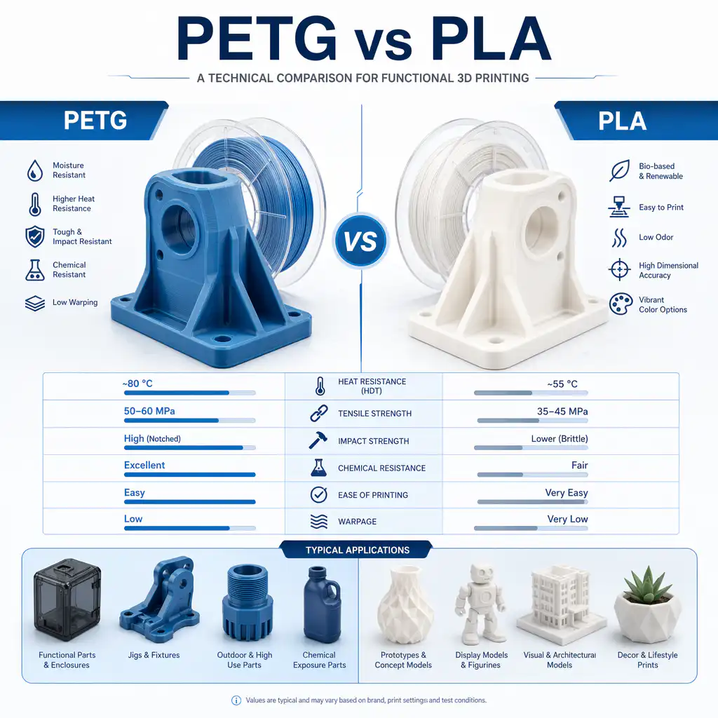 PETG frente a PLA: comparación técnica para la impresión 3D funcional