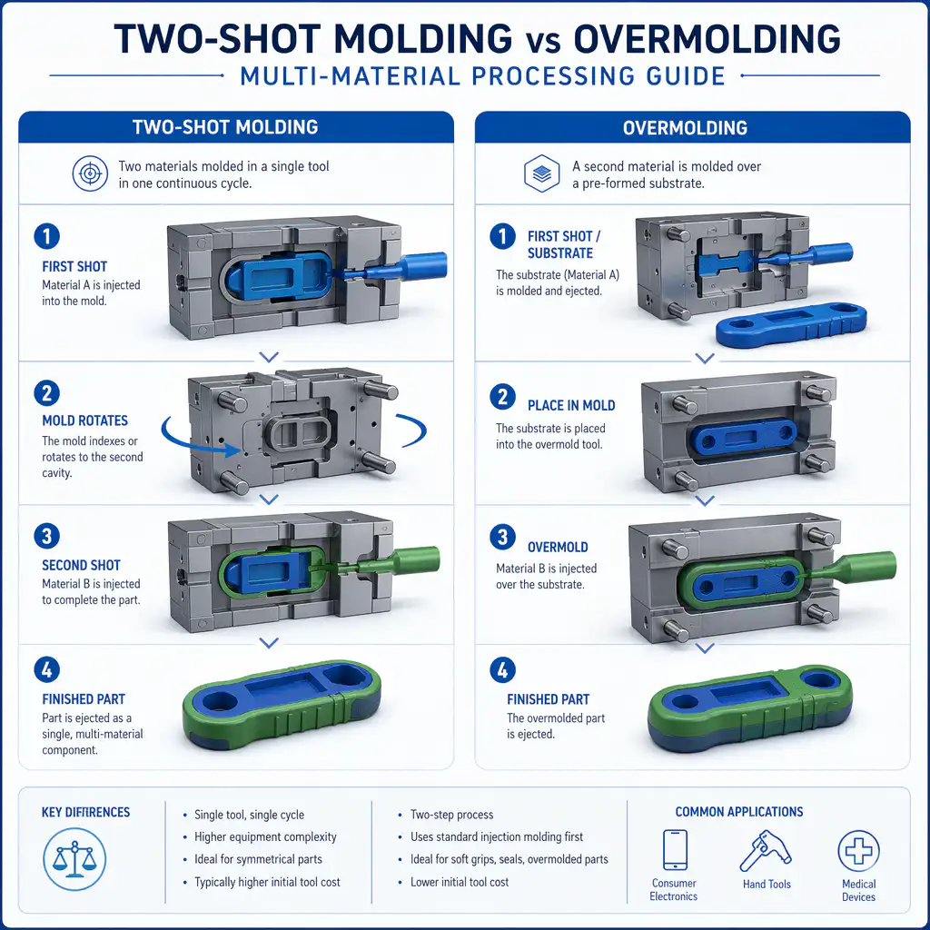 투샷 성형과 오버몰딩 - 다중 재료 가공 가이드 Two-Shot Molding vs Overmolding - Multi-Material Processing Guide