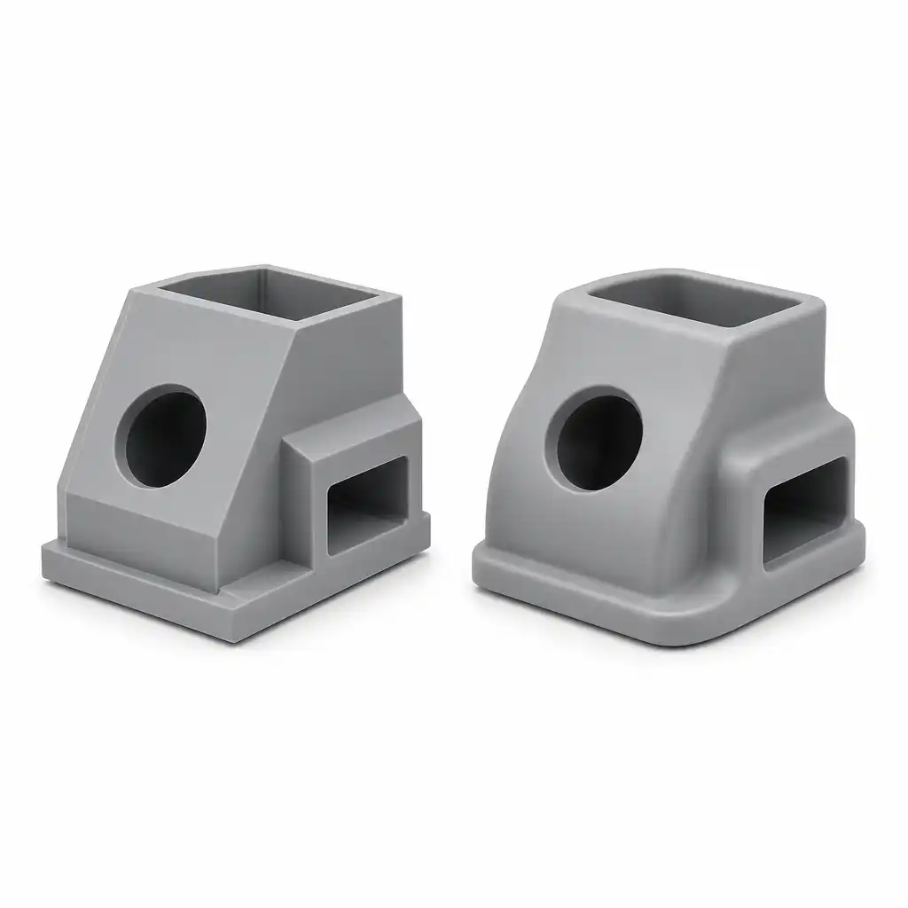 Injection molded plastic parts showing chamfer and fillet features