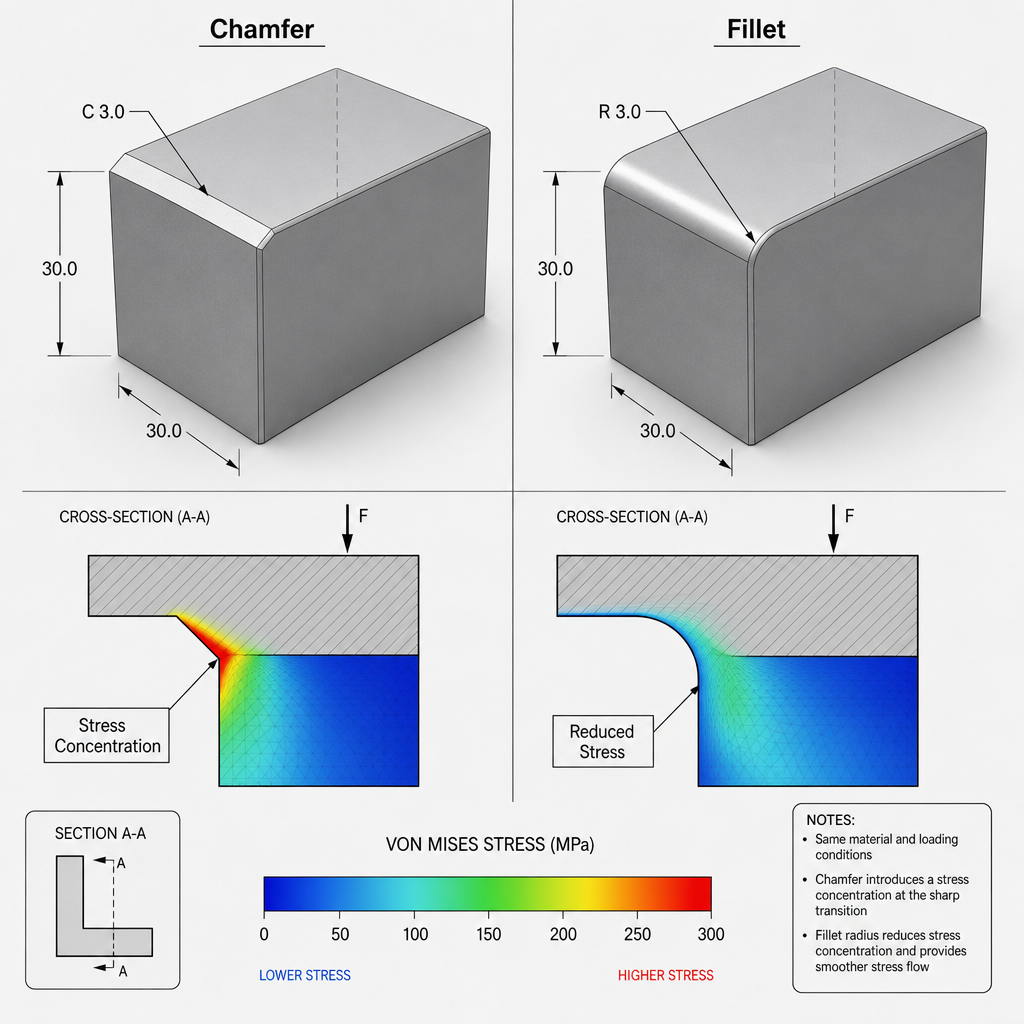 Chamfer vs Fillet: Design Guide for Injection Molded Plastic Parts CAD-style 3D rendering showing difference between chamfer flat beveled edge and