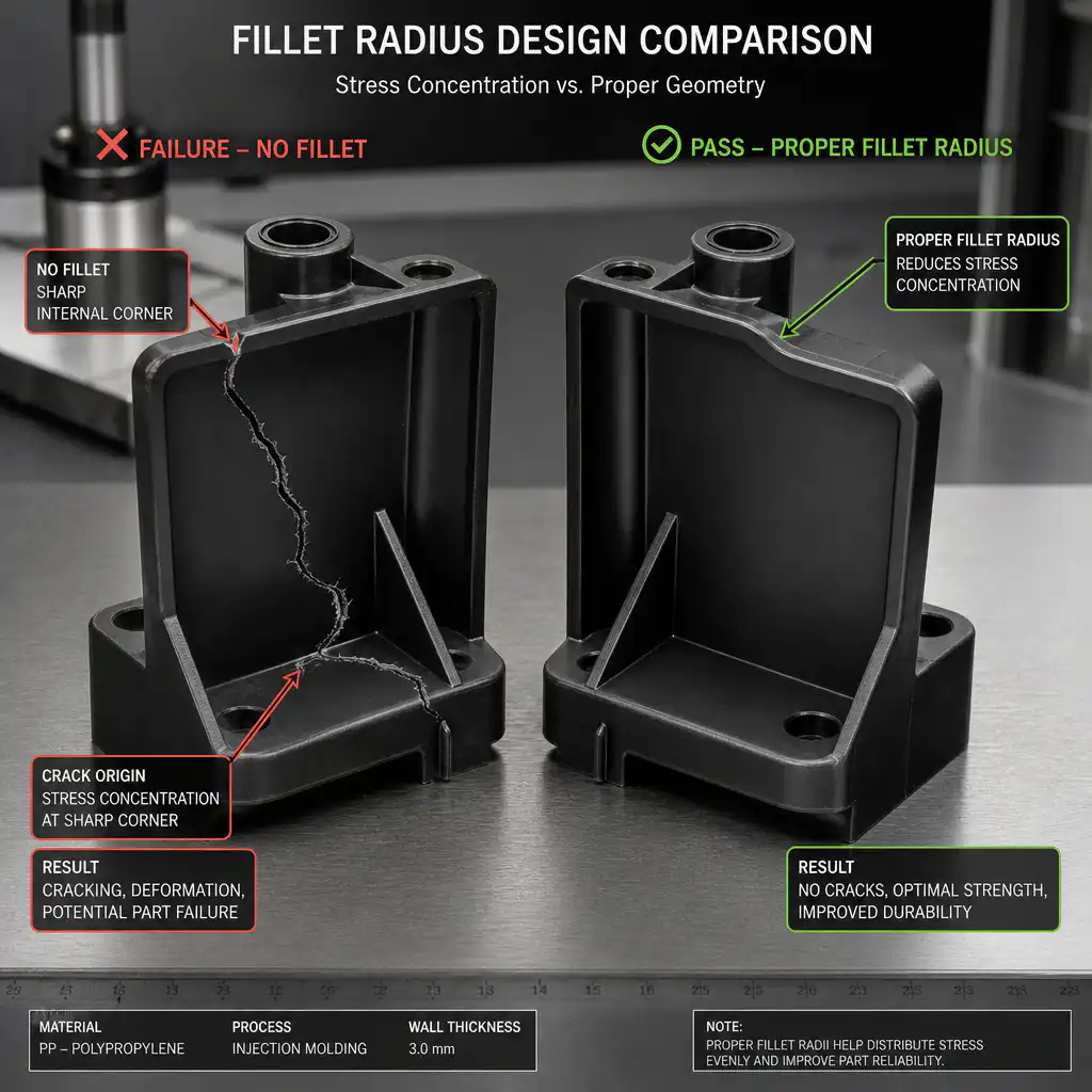 Chamfer vs Fillet: Design Guide for Injection Molded Plastic Parts Dramatic comparison failed injection molded part with crack at sharp internal co