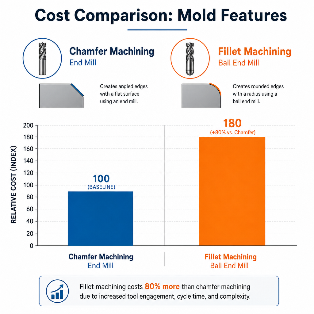 Chamfer vs Fillet: Design Guide for Injection Molded Plastic Parts Mold tooling cost comparison for chamfer and fillet features