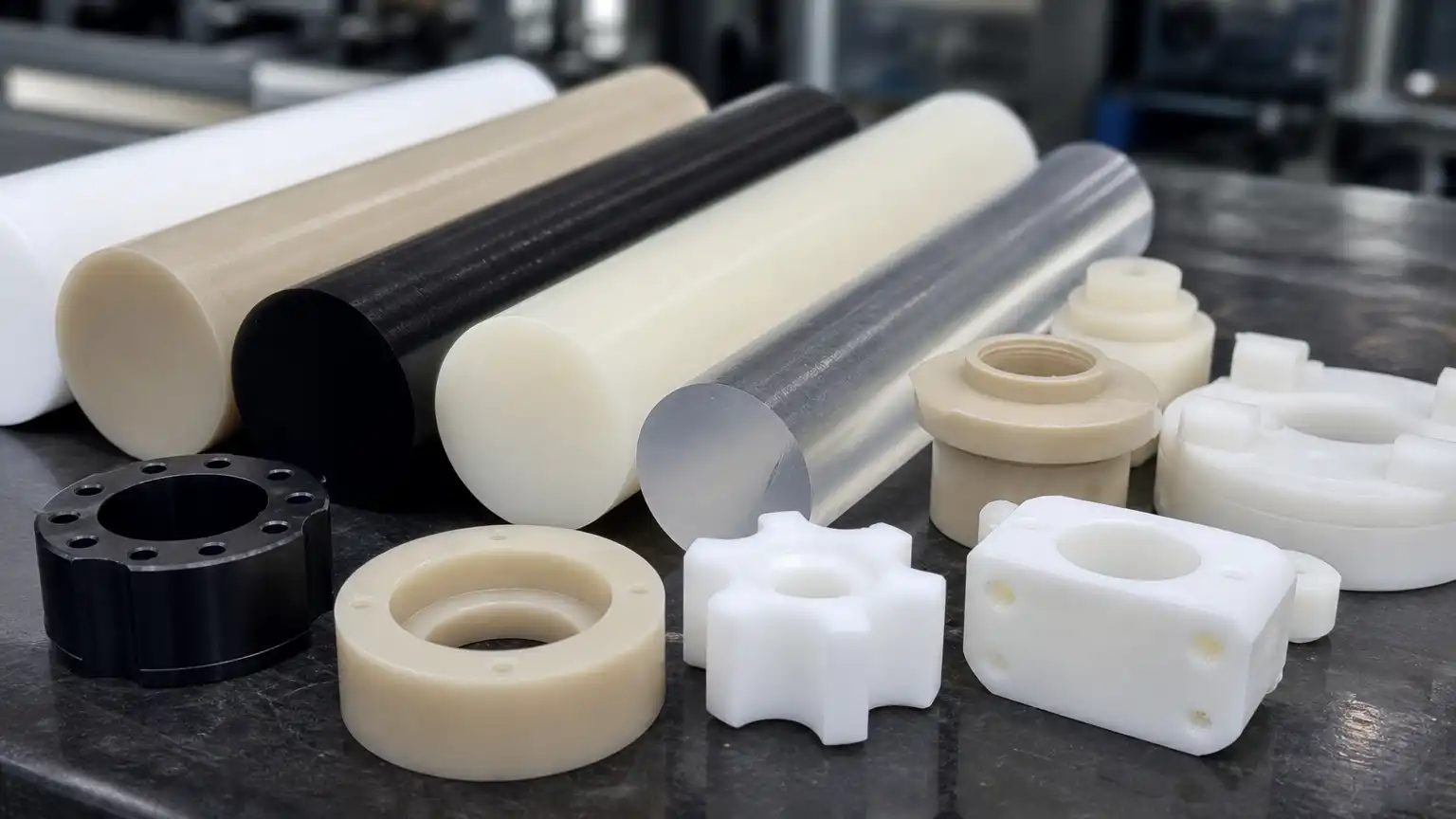 CNC Machining Materials Engineering plastic materials for CNC machining including nylon POM PEEK ABS PTFE and polycarbonate