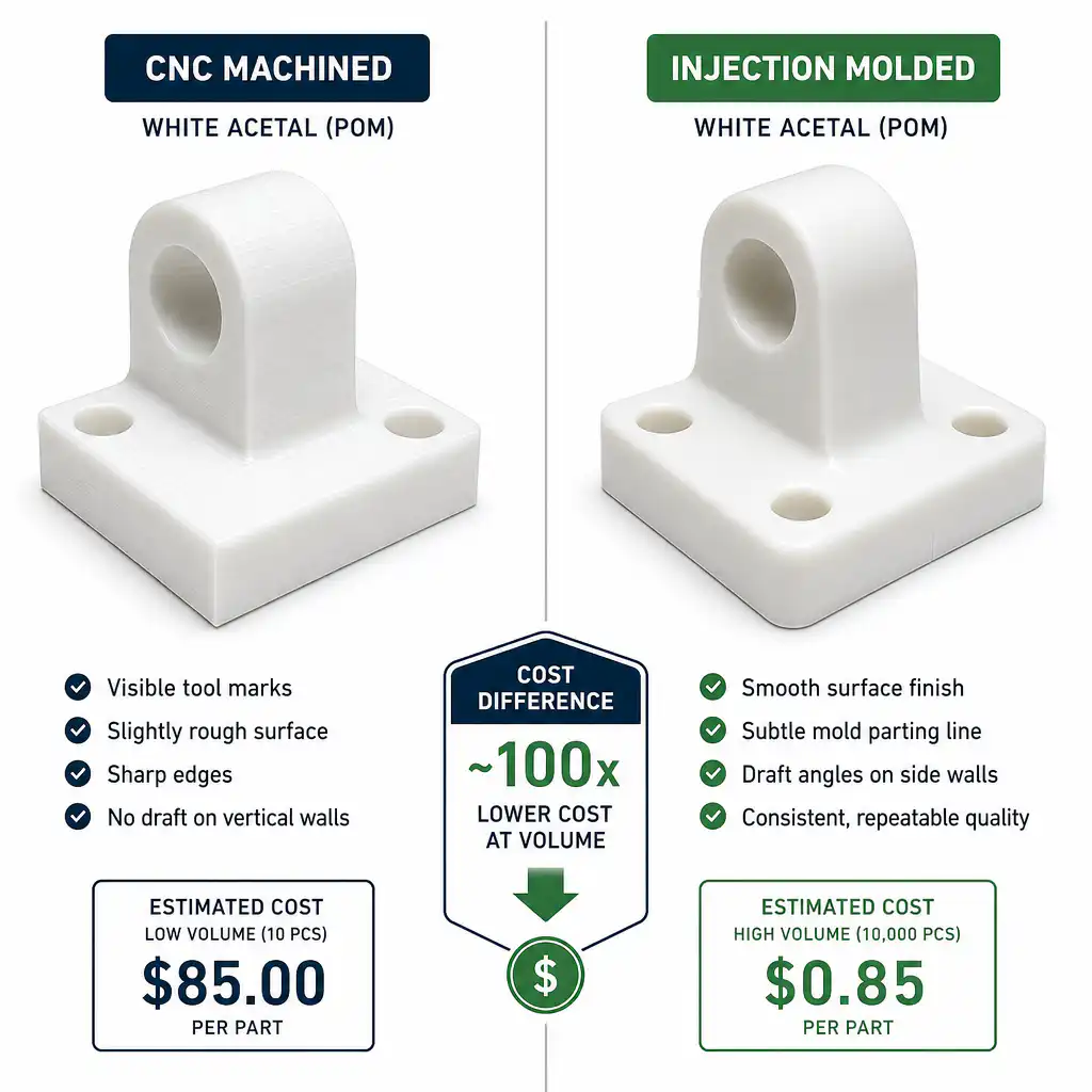 Split comparison: left CNC machined plastic part with visible tool marks and sharp edges, right iden