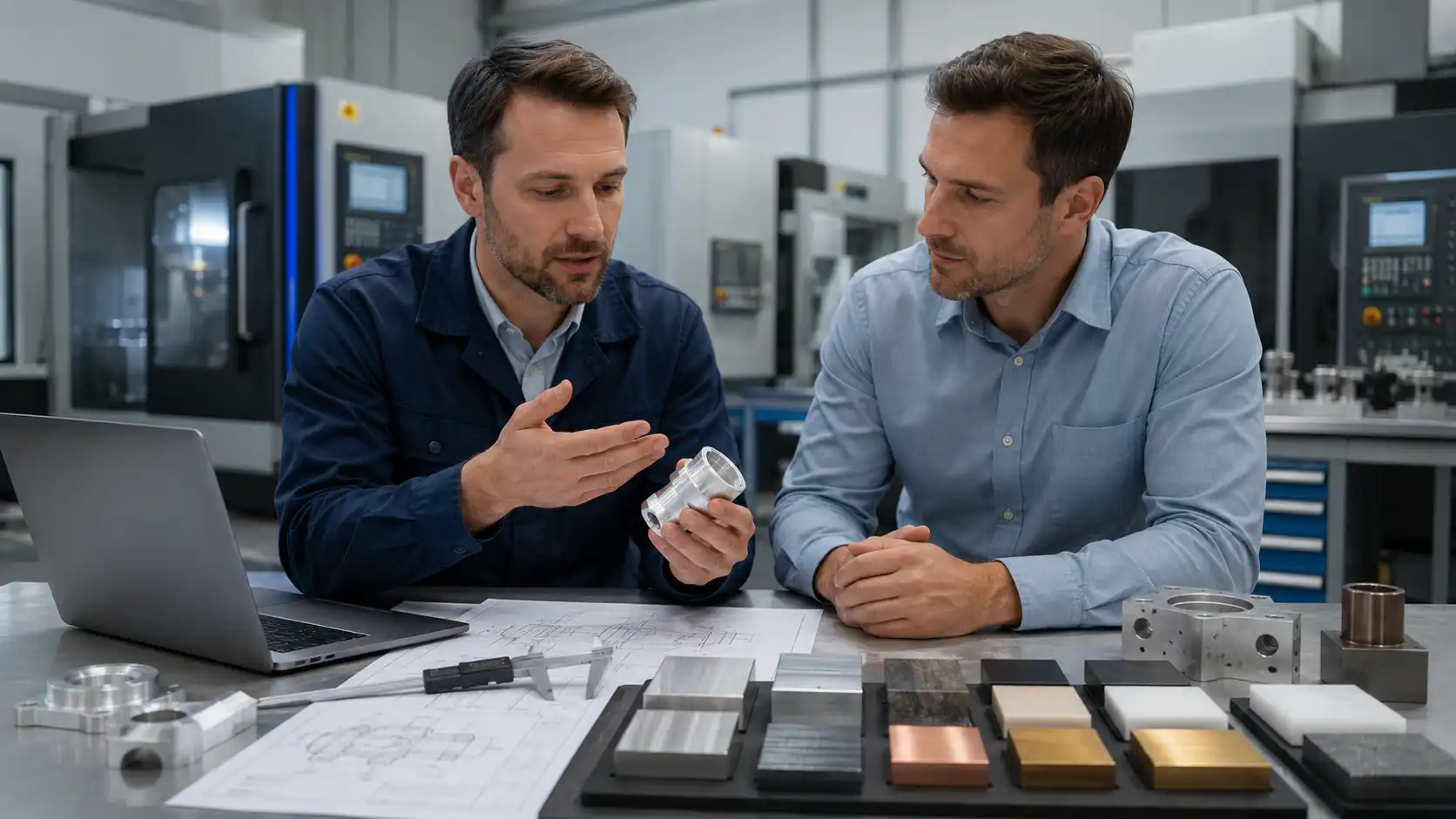 CNC Machining Materials Engineer selecting CNC machining materials with CAD drawing and material samples