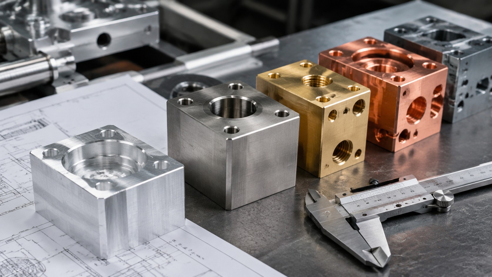 CNC machined metal material samples for aluminum stainless steel brass copper and titanium