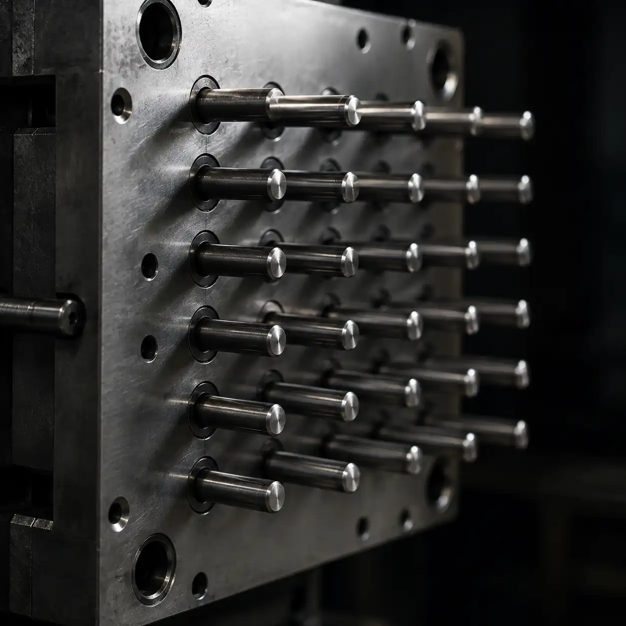 Ejector pin plate with array of polished ejector pins on mold core side