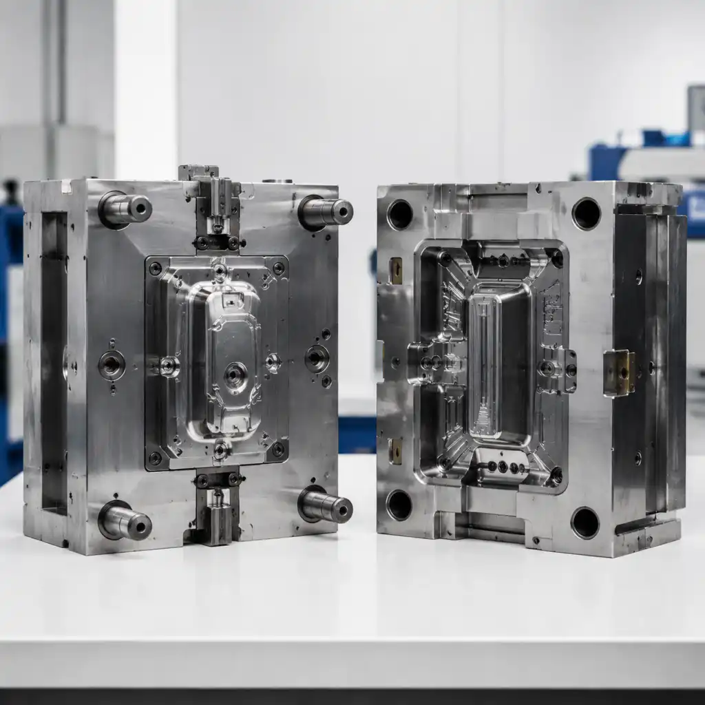 Injection mold core and cavity halves showing convex core and concave cavity features with guide pins