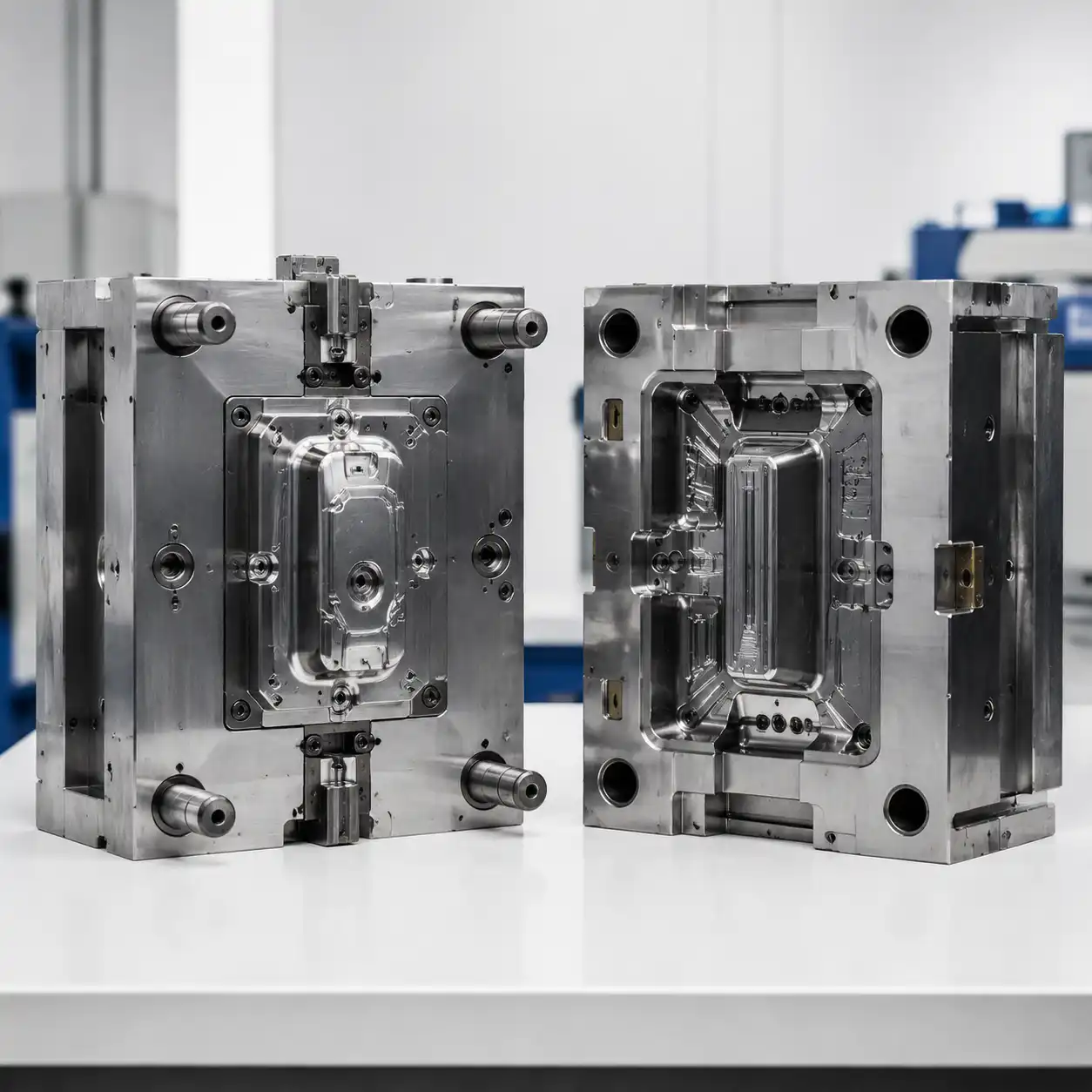 Injection mold core and cavity halves showing convex core and concave cavity features with guide pins
