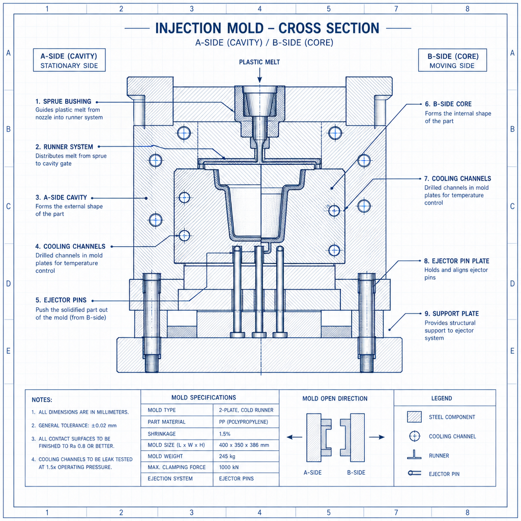 Annotated cross-section diagram injection mold showing A-side cavity B-side core