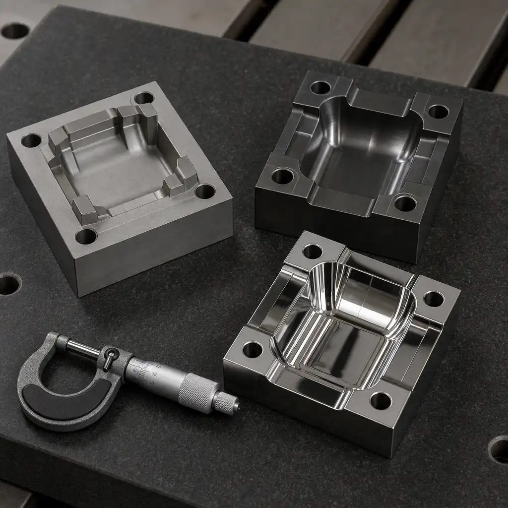 Three precision machined mold cavity inserts different steel grades: P20 matte g