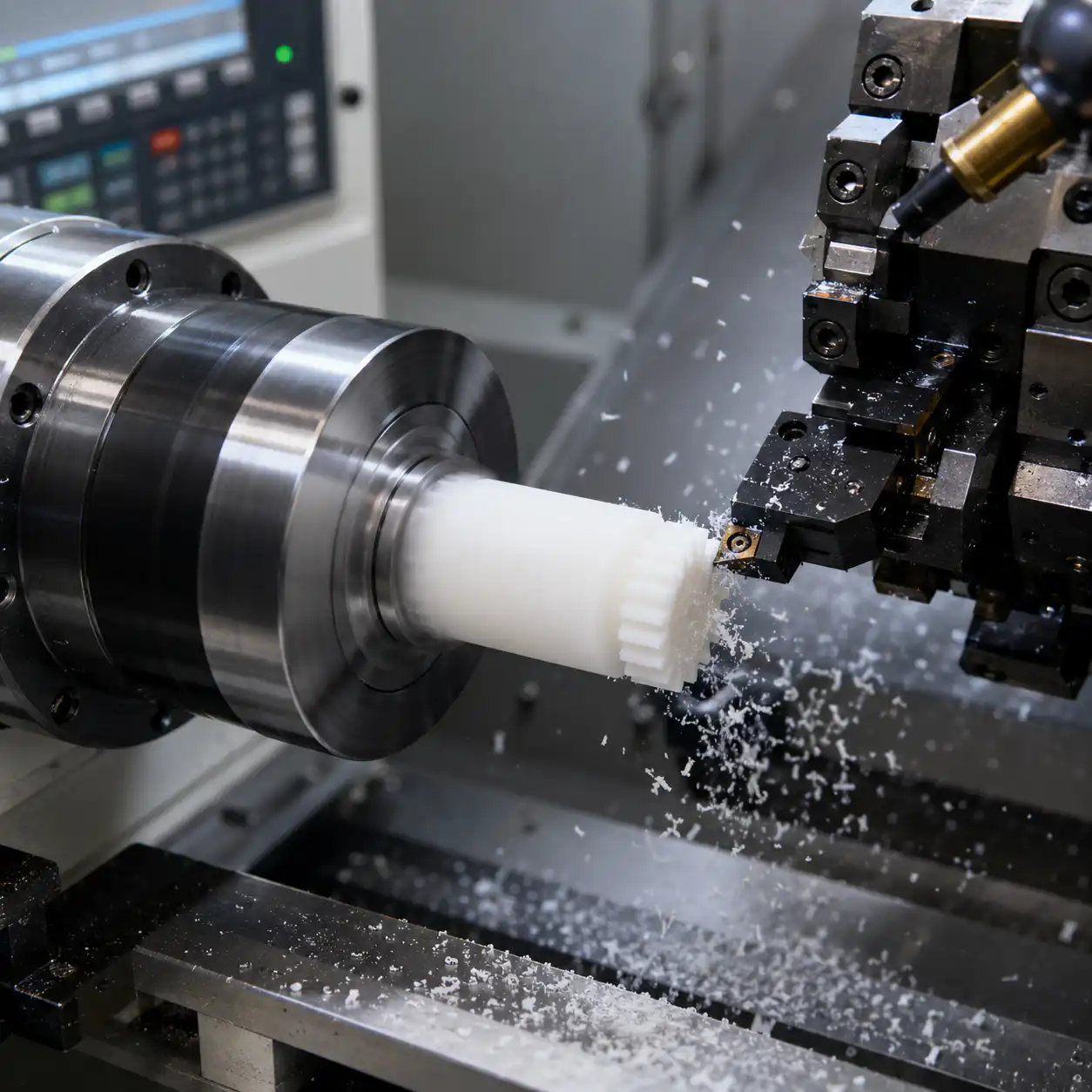 CNC machining setup for Delrin gear blank with carbide tooling