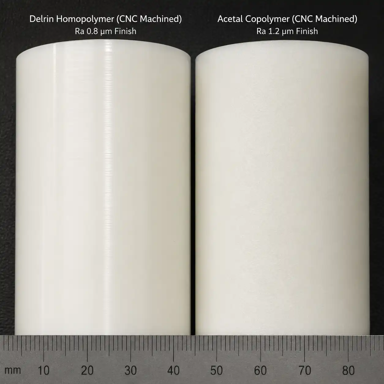 Surface finish comparison of machined Delrin homopolymer vs acetal copolymer
