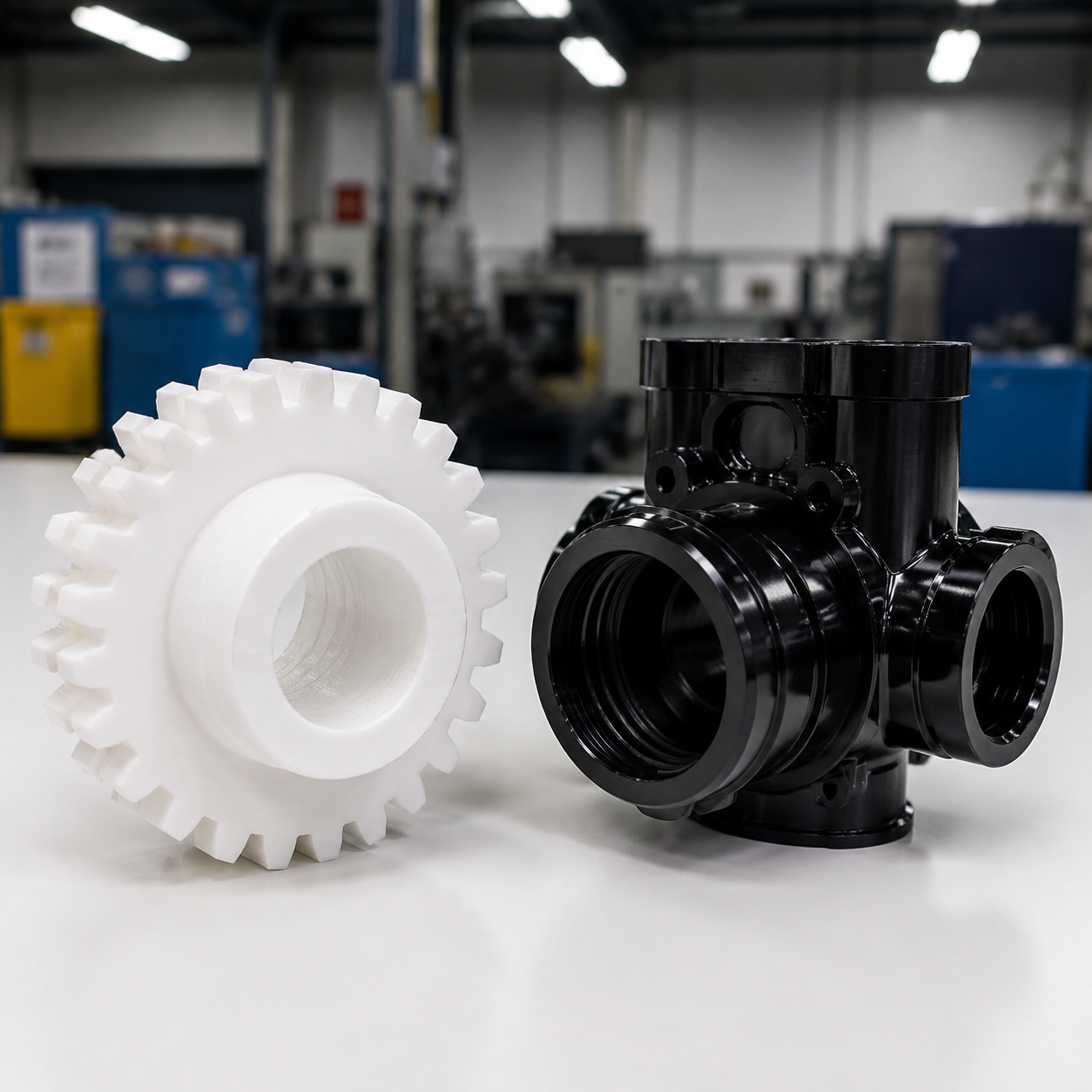 CNC machined Delrin gear next to injection molded acetal valve body — side-by-side engineering comparison
