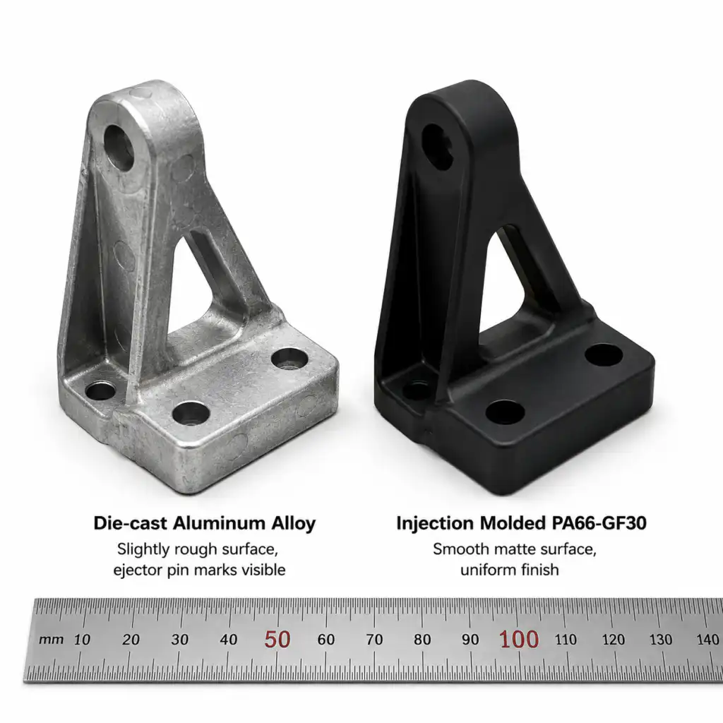 Side-by-side comparison of die-cast aluminum bracket and injection-molded glass-filled nylon bracket