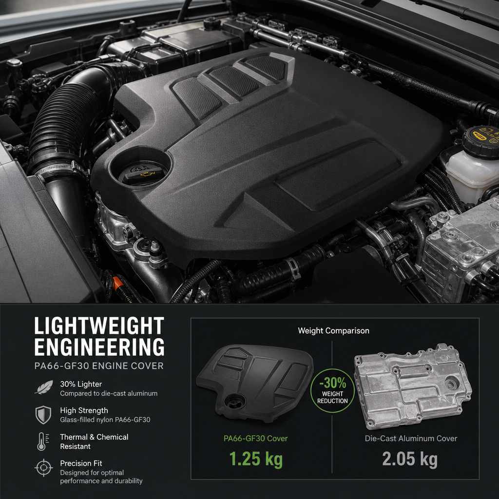 Automotive engine cover in black glass-filled nylon PA66-GF30 replacing traditio