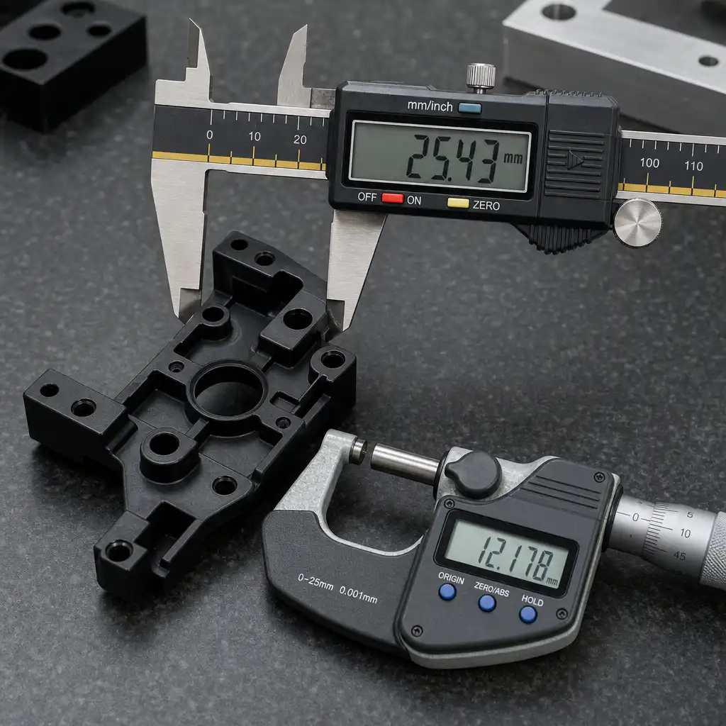 Precision measurement scene: black injection molded nylon part being measured with digital caliper a
