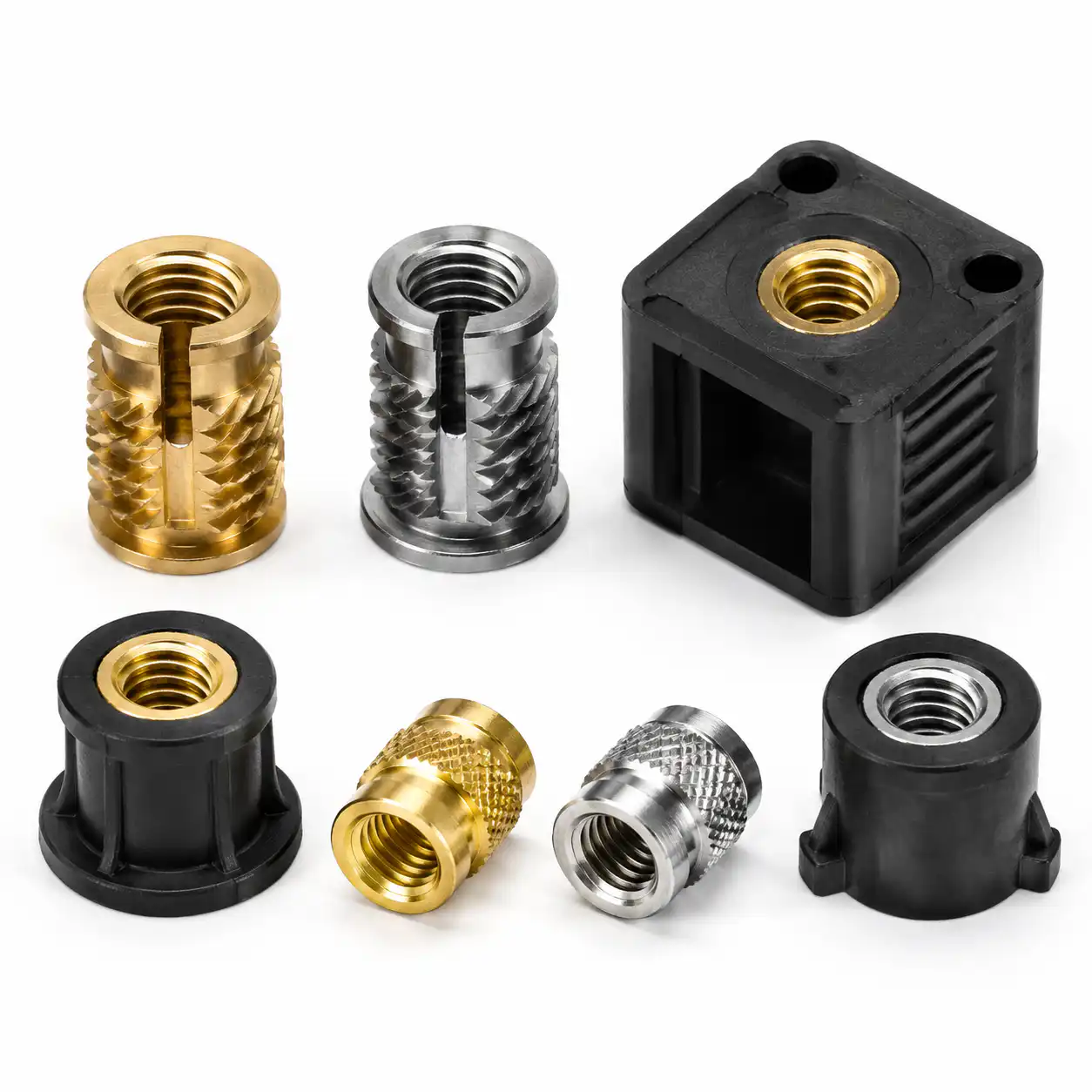 Threaded Inserts for Plastic Injection Molding: Complete Design and Selection Guide Various types of threaded inserts for plastic injection molding including brass, steel, and stainless options