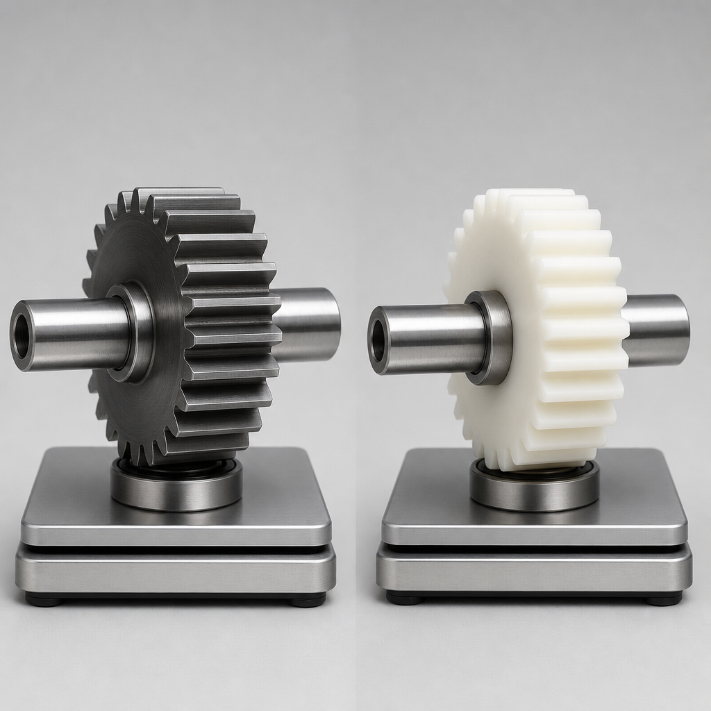 Side-by-side comparison: steel gear and identical plastic acetal gear both mount
