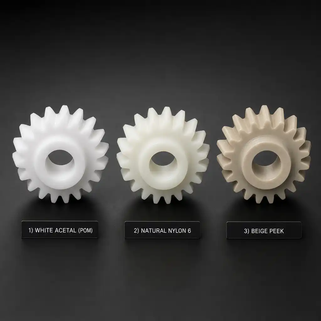 Three identical gear designs manufactured in three materials: white acetal POM, 