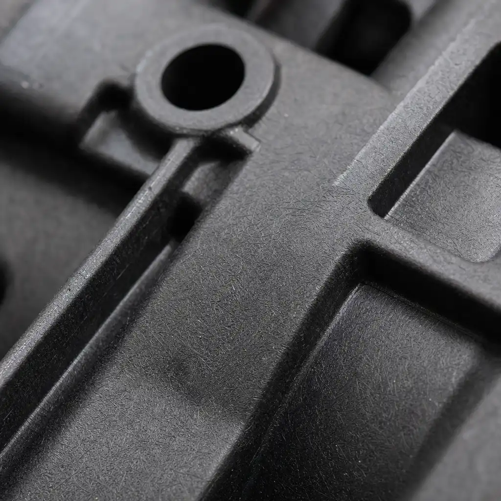 Macro photograph glass-filled nylon PA66-GF30 injection molded part surface showing glass fiber rein