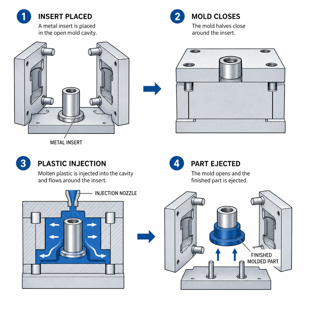 Insert Molding: Complete Guide to Process, Design and Applications Step-by-step process illustration insert molding: metal insert placed in mold, m