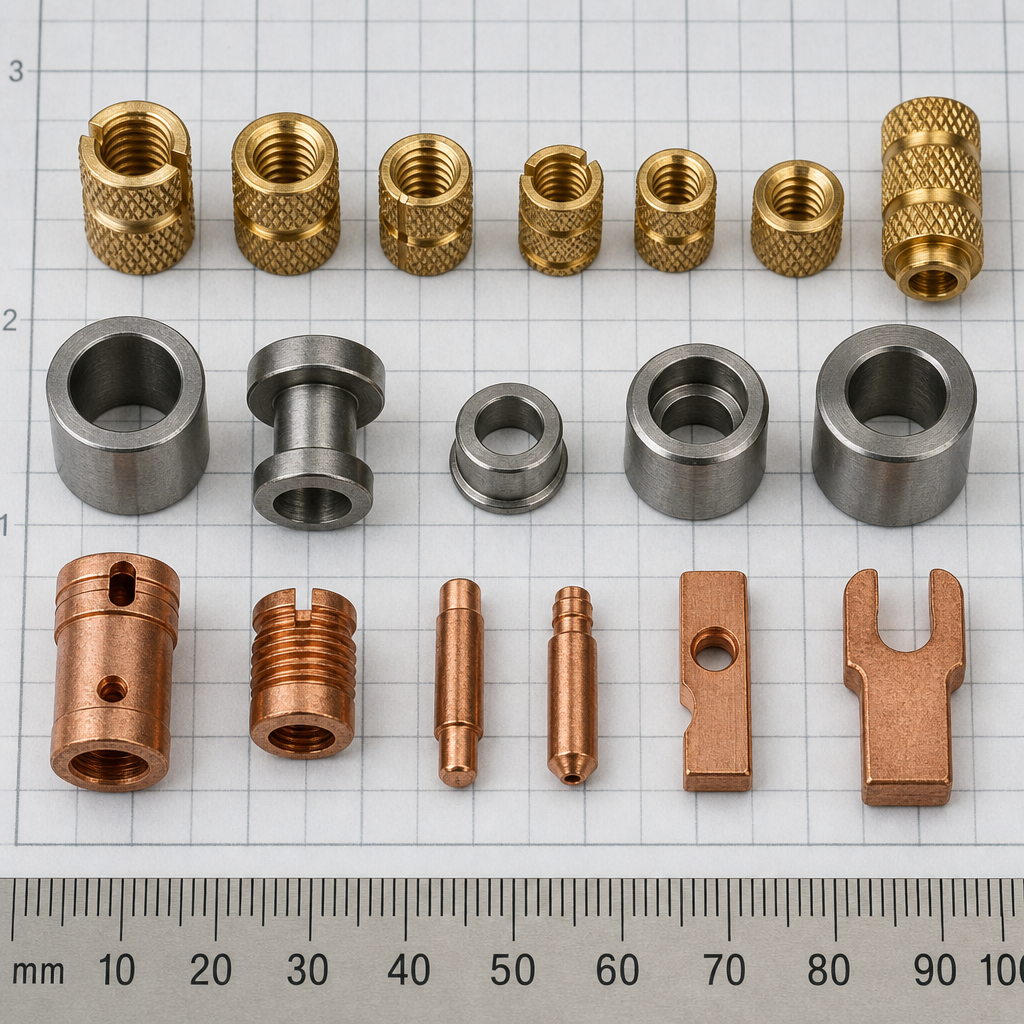 Insert Molding: Complete Guide to Process, Design and Applications Technical detail photograph various metal inserts: brass threaded inserts with d