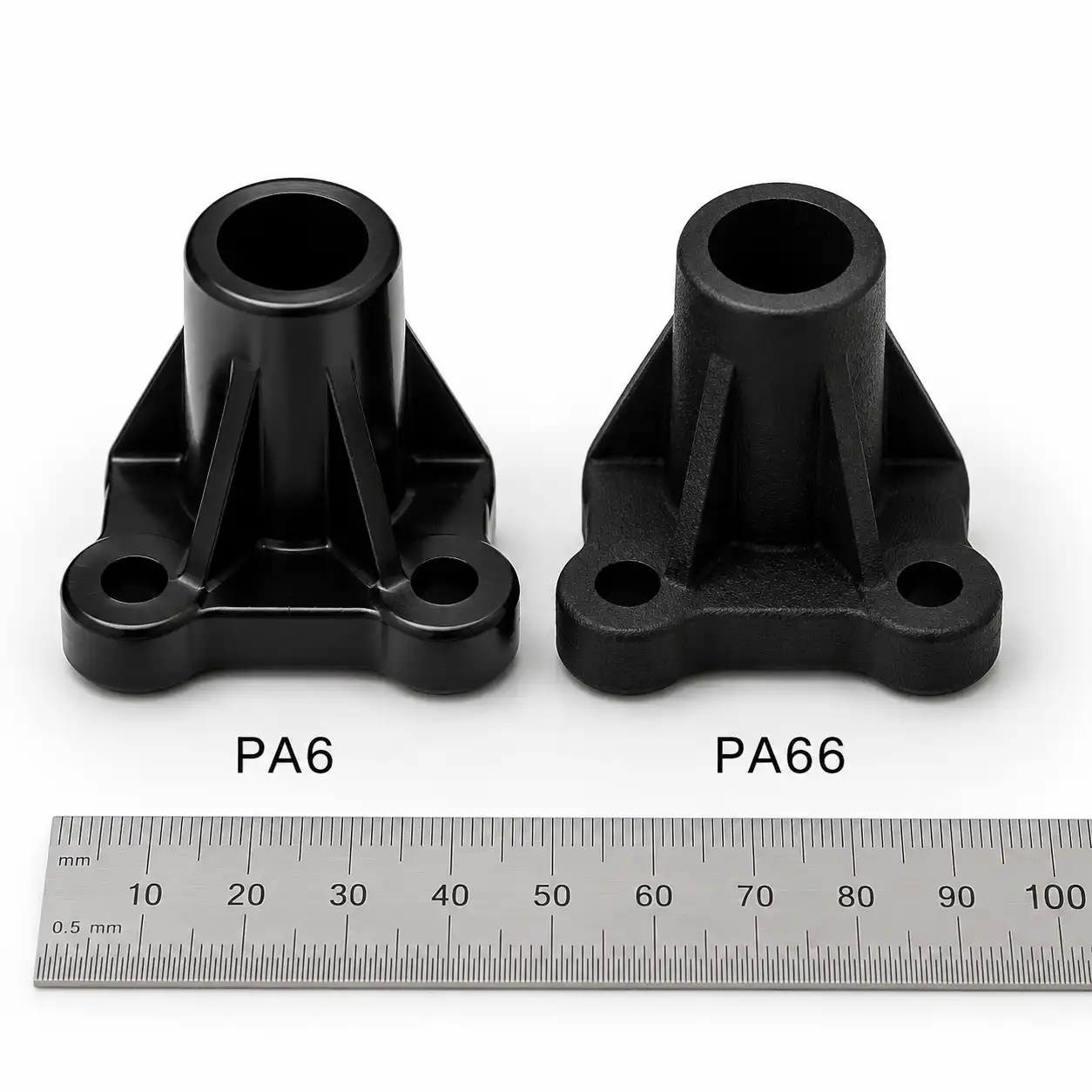 Nylon 6 vs Nylon 66 for Injection Molding: Complete Selection Guide Nylon 6 vs Nylon 66 injection molded parts side-by-side comparison on a white background