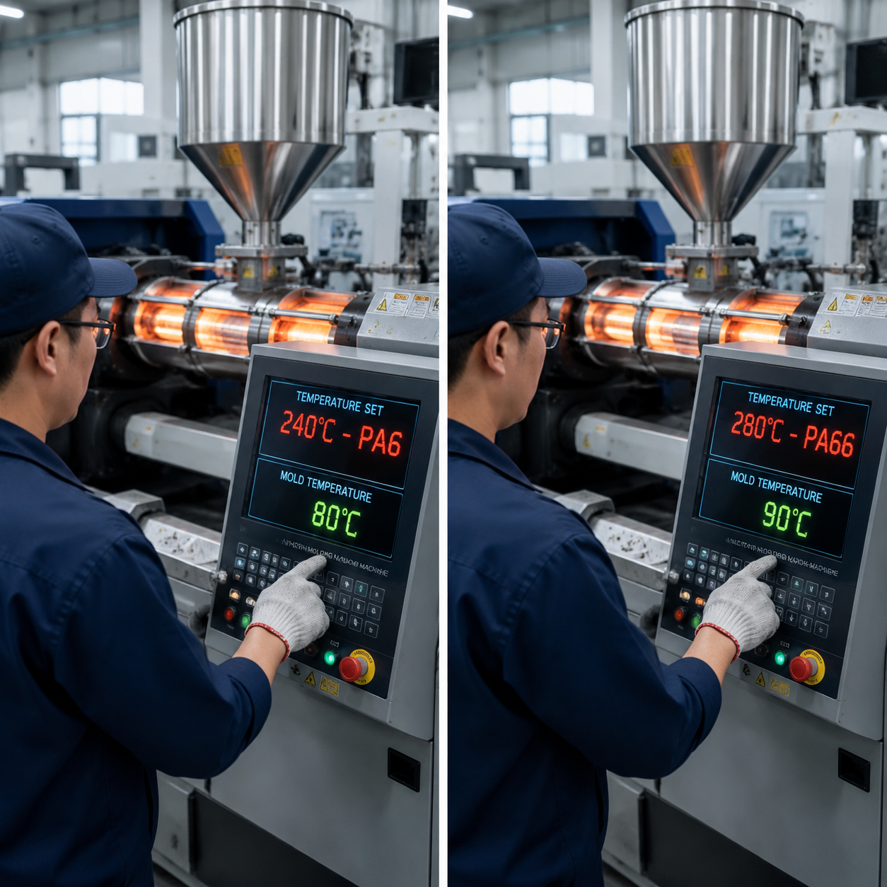 Injection molding machine operating parameters: Nylon 6 at 240°C vs Nylon 66 at 280°C
