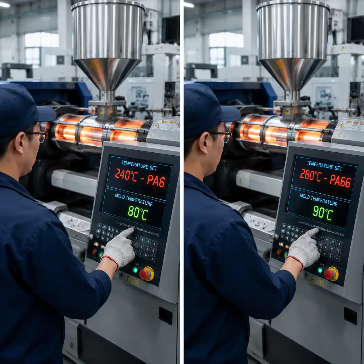 Nylon 6 vs Nylon 66 for Injection Molding: Complete Selection Guide Injection molding machine operating parameters: Nylon 6 at 240°C vs Nylon 66 at 280°C
