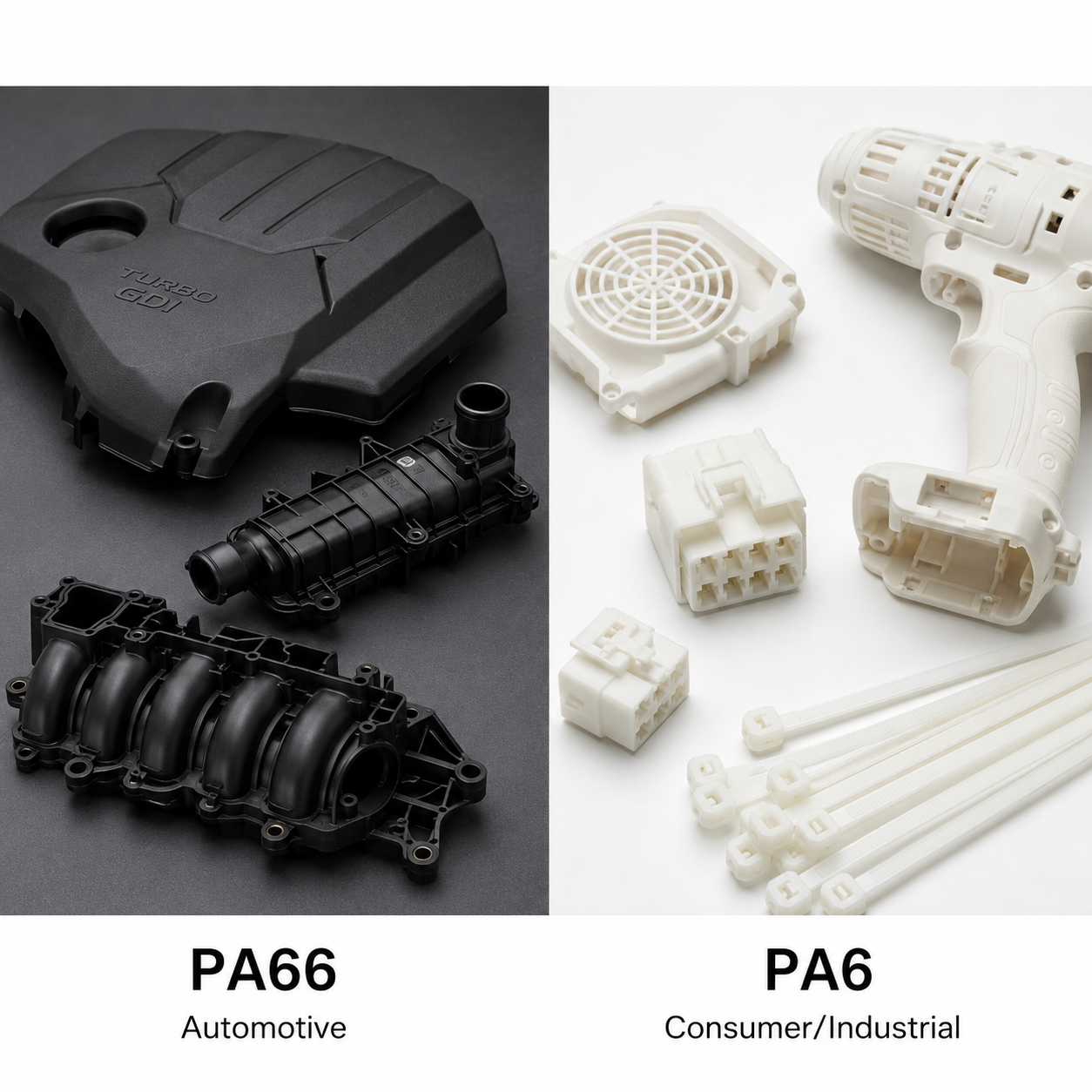Nylon 66 automotive under-hood components vs Nylon 6 consumer electrical connectors and cable ties
