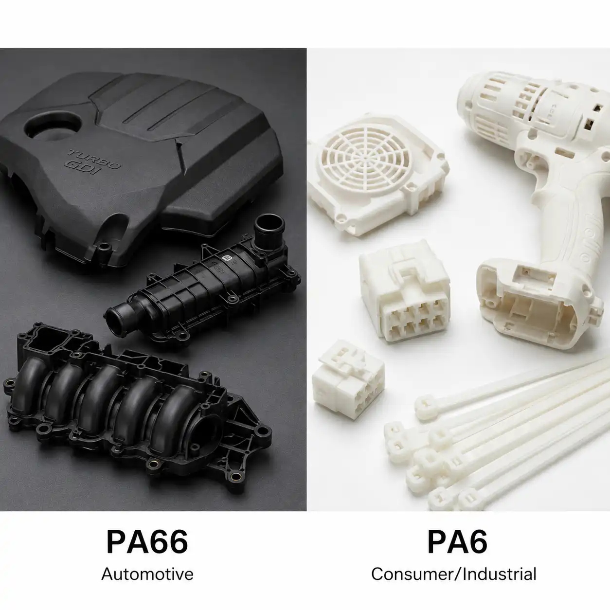 Nylon 6 vs Nylon 66 for Injection Molding: Complete Selection Guide Nylon 66 automotive under-hood components vs Nylon 6 consumer electrical connectors and cable ties