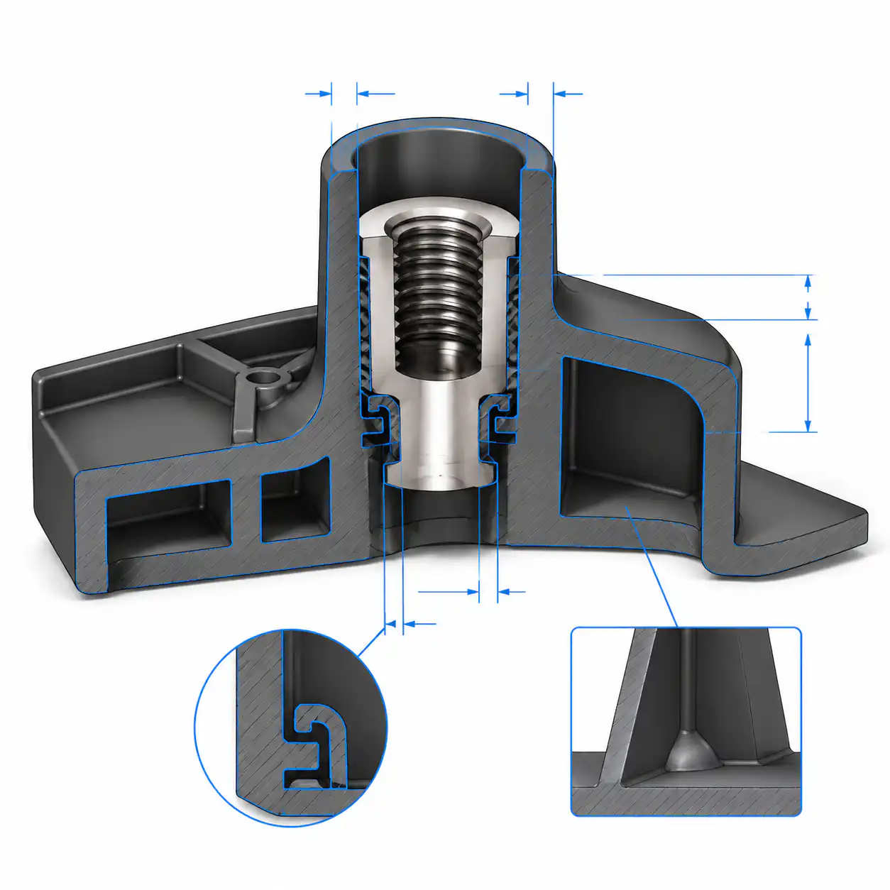 Insert Molding: Complete Guide to Process, Design and Applications Insert molding design cross-section showing wall thickness and boss geometry