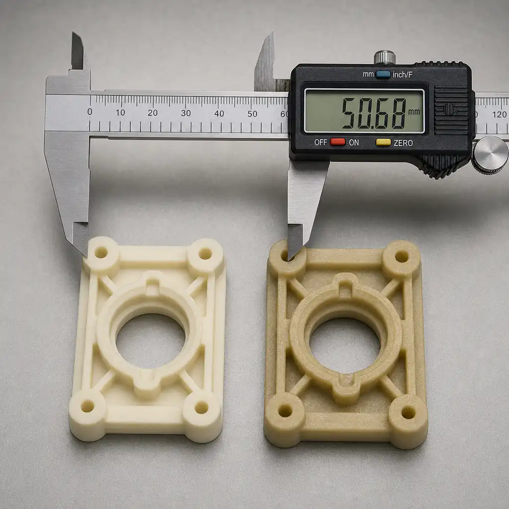 Dramatic comparison: two identical nylon parts, one bone-dry rigid light colored next to one absorbe