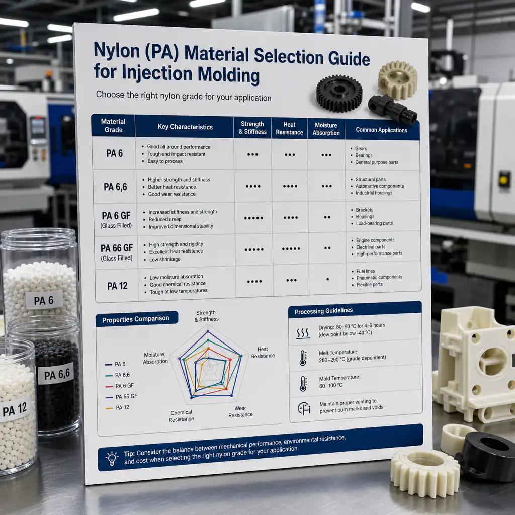 Professional industrial photograph: Nylon (PA) Material Selection Guide for Inje