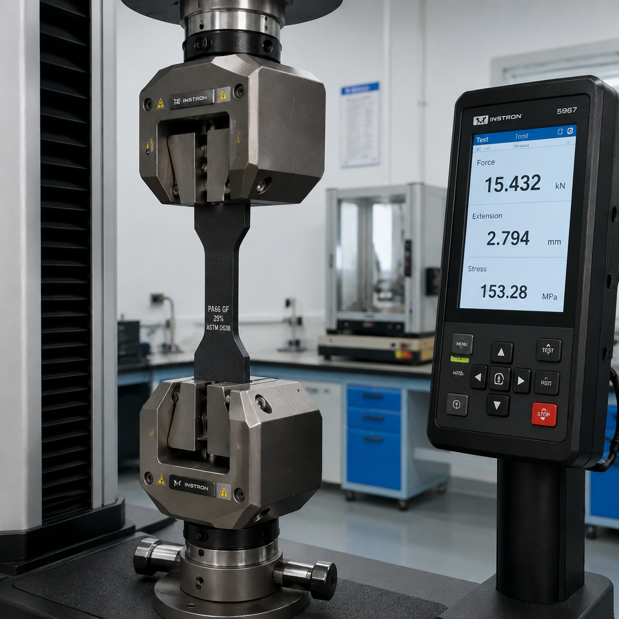 Tensile test curve chart comparing PA66 GF30 and GF50 stress-strain behavior