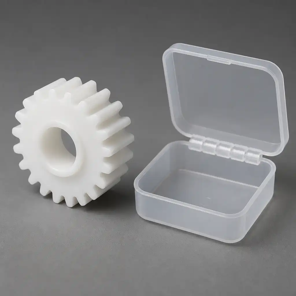 Side-by-side product comparison: nylon 6 gear natural white rigid precise teeth next to polypropylen