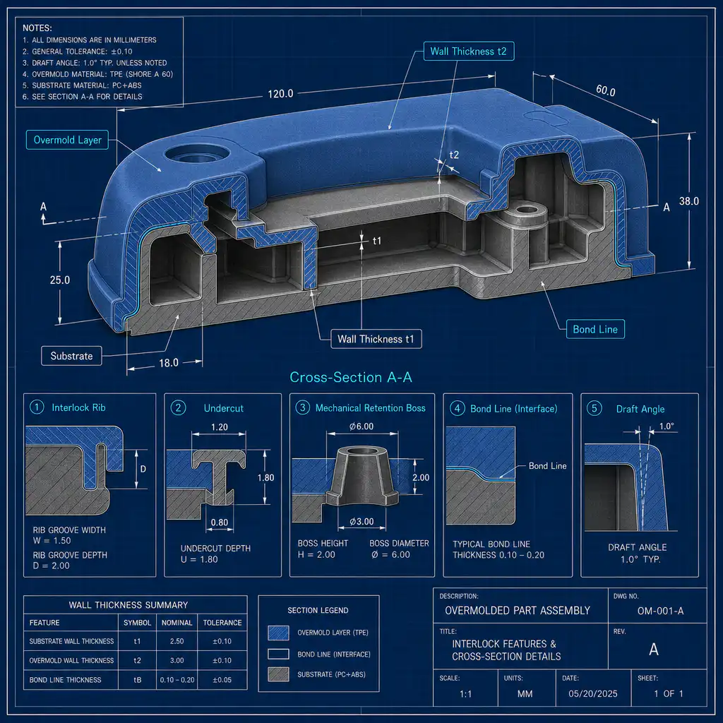 Overmolding design guidelines mechanical interlock features