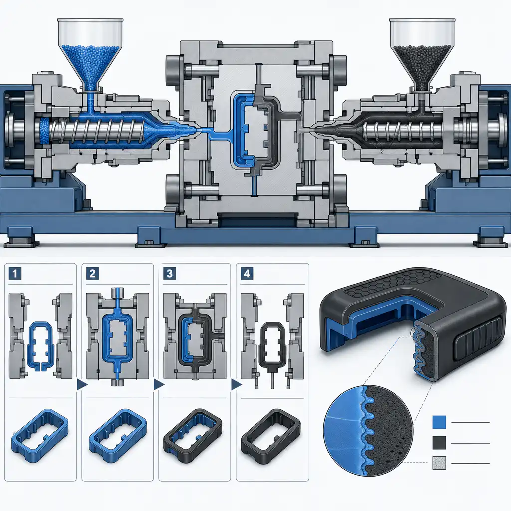 Overmolded plastic parts soft grip TPE on rigid substrate